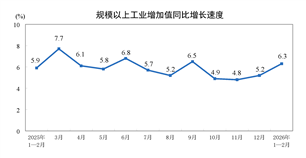 2026年1-2月份规模以上工业增加值增长6.3%